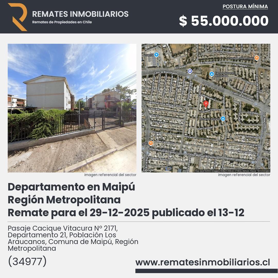 Imagen ficha Pasaje Cacique Vitacura Nº 2171, Departamento 21, Población Los Araucanos, Comuna de Maipú, Región Metropolitana