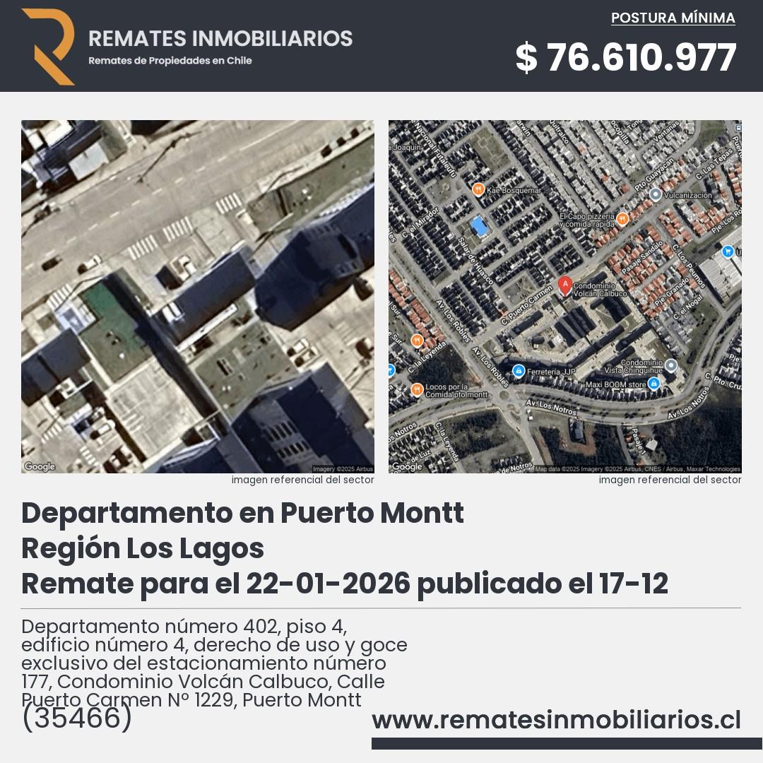 Imagen ficha Departamento número 402, piso 4, edificio número 4, derecho de uso y goce exclusivo del estacionamiento número 177, Condominio Volcán Calbuco, Calle Puerto Carmen Nº 1229, Puerto Montt