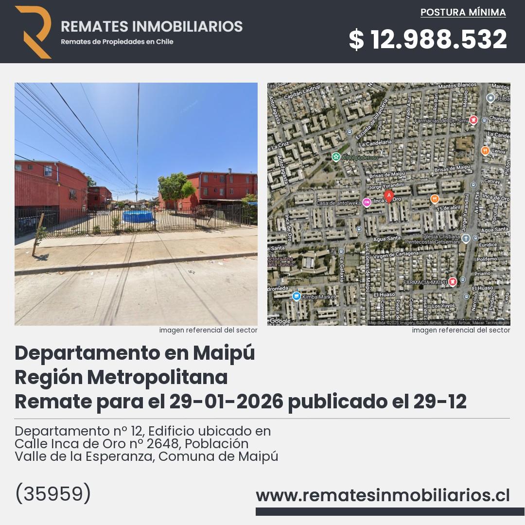 Imagen ficha Departamento nº 12, Edificio ubicado en Calle Inca de Oro nº 2648, Población Valle de la Esperanza, Comuna de Maipú