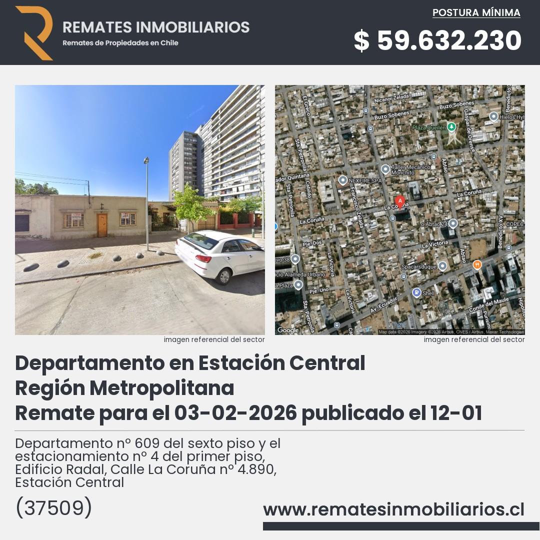 Imagen ficha Departamento nº 609 del sexto piso y el estacionamiento nº 4 del primer piso, Edificio Radal, Calle La Coruña nº 4.890, Estación Central