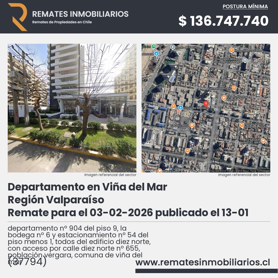 Imagen ficha departamento nº 904 del piso 9, la bodega nº 6 y estacionamiento nº 54 del piso menos 1, todos del edificio diez norte, con acceso por calle diez norte nº 655, población vergara, comuna de viña del mar
