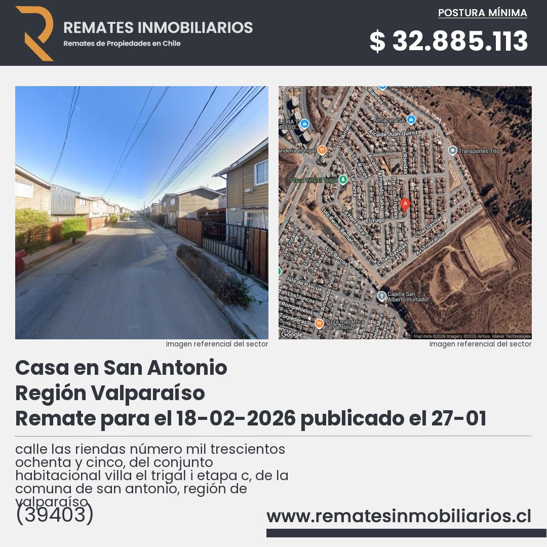 Imagen ficha calle las riendas número mil trescientos ochenta y cinco, del conjunto habitacional villa el trigal i etapa c, de la comuna de san antonio, región de valparaíso