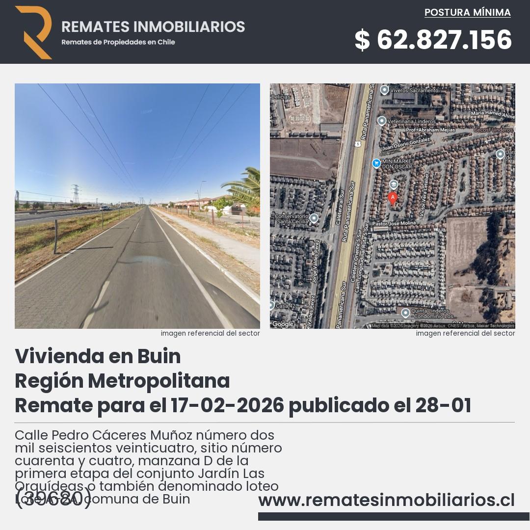 Imagen ficha Calle Pedro Cáceres Muñoz número dos mil seiscientos veinticuatro, sitio número cuarenta y cuatro, manzana D de la primera etapa del conjunto Jardín Las Orquídeas o también denominado loteo Lote A-2A, comuna de Buin