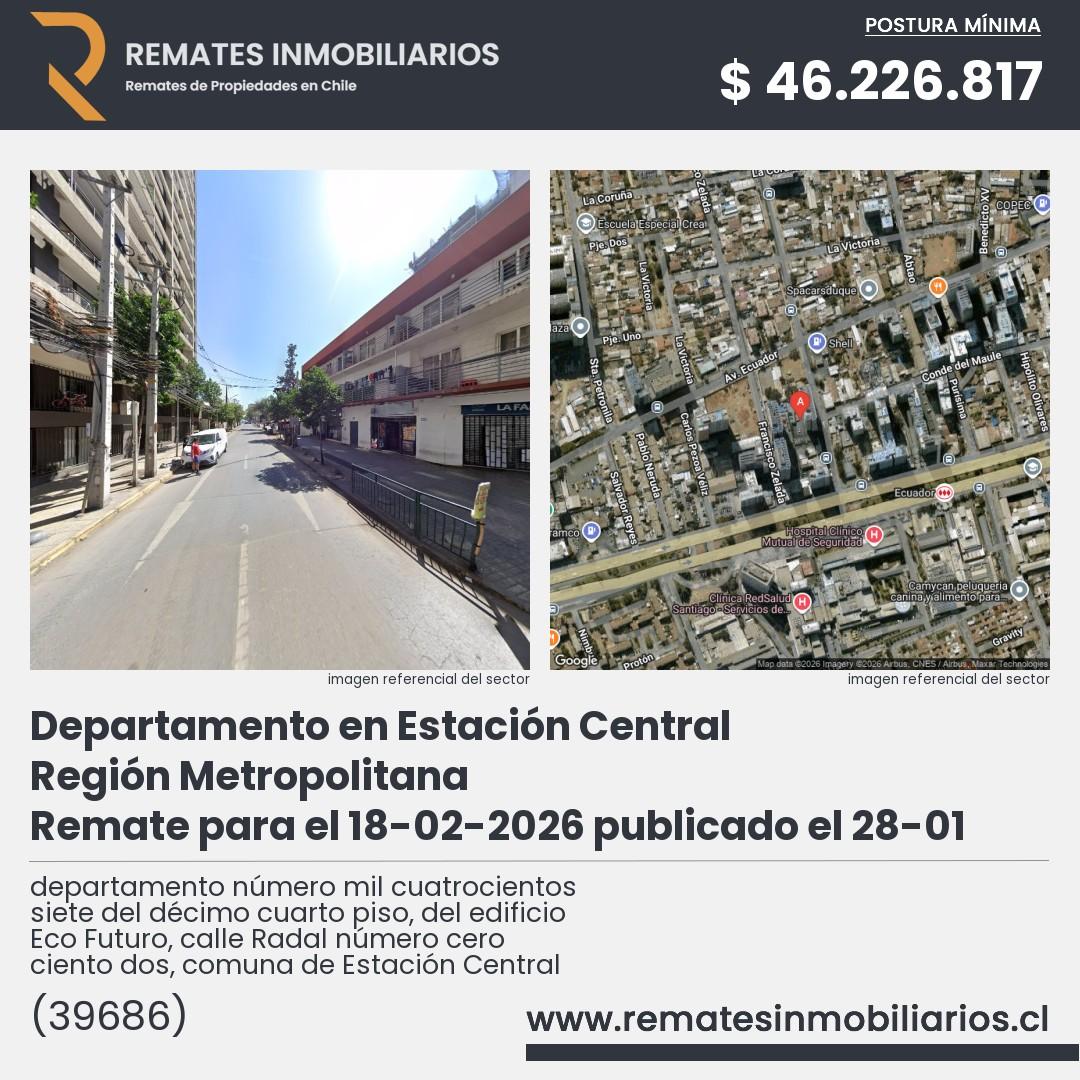 Imagen ficha departamento número mil cuatrocientos siete del décimo cuarto piso, del edificio Eco Futuro, calle Radal número cero ciento dos, comuna de Estación Central