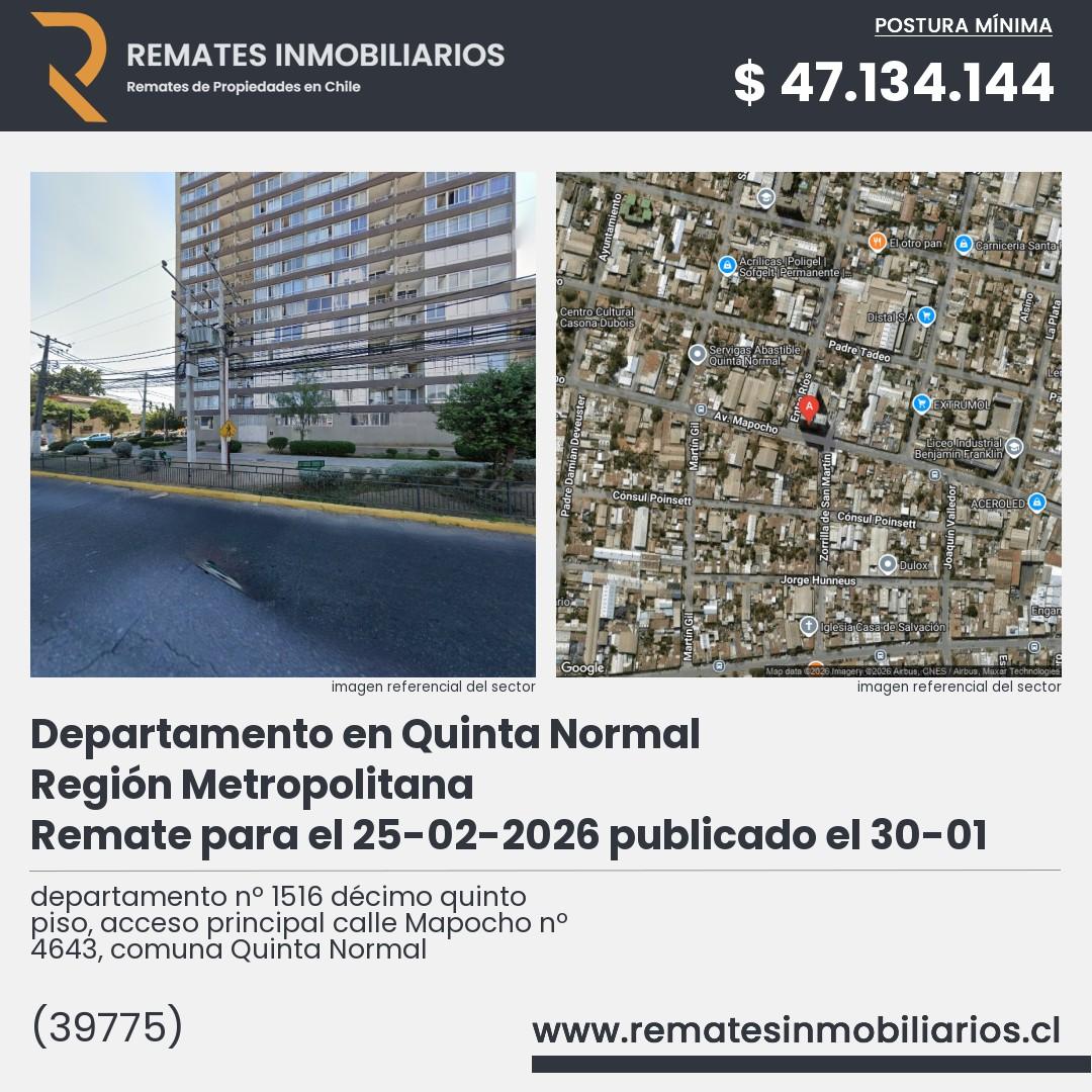 Imagen ficha departamento nº 1516 décimo quinto piso, acceso principal calle Mapocho nº 4643, comuna Quinta Normal
