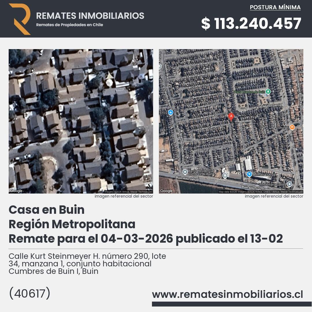 Imagen ficha Calle Kurt Steinmeyer H. número 290, lote 34, manzana 1, conjunto habitacional Cumbres de Buin I, Buin