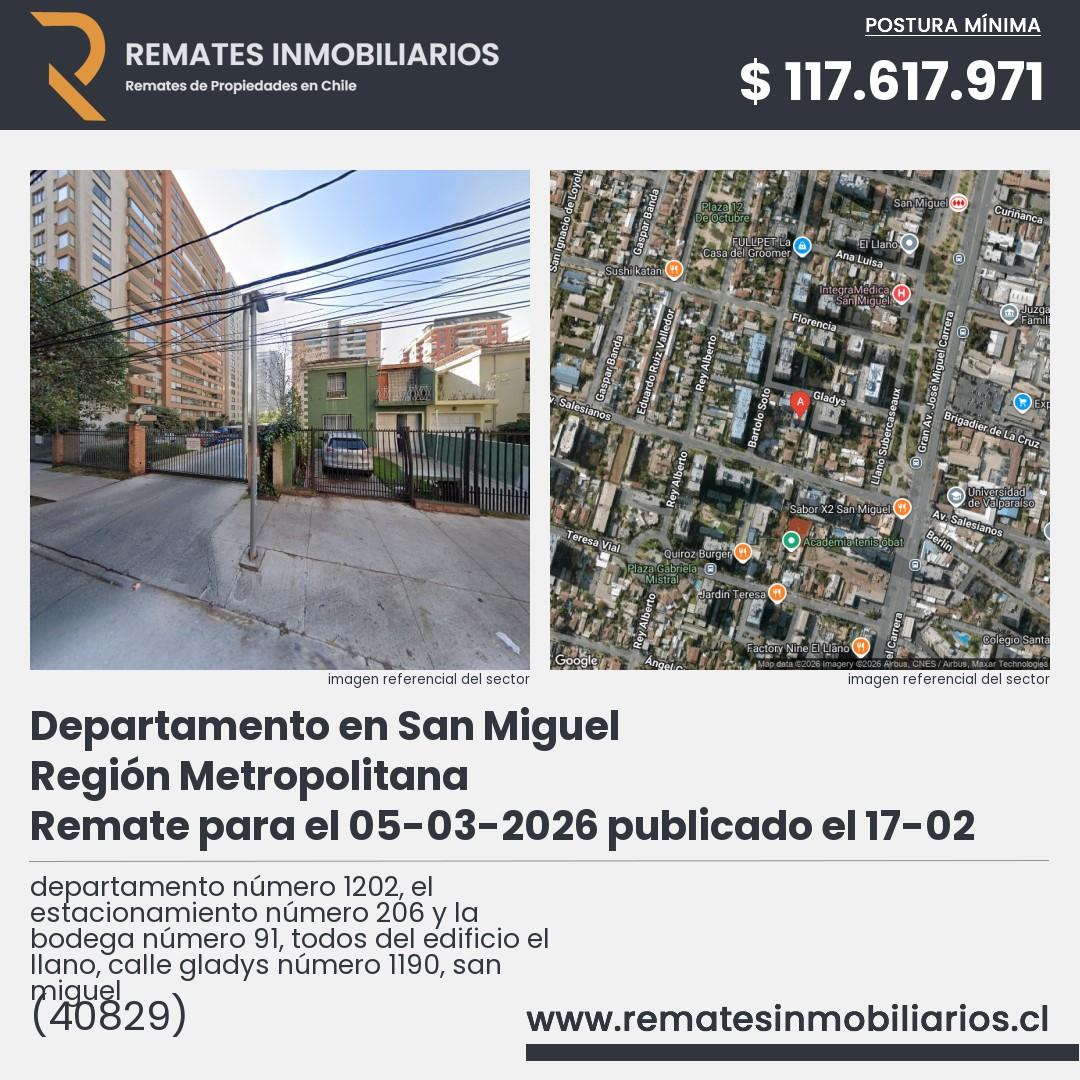 Imagen ficha departamento número 1202, el estacionamiento número 206 y la bodega número 91, todos del edificio el llano, calle gladys número 1190, san miguel