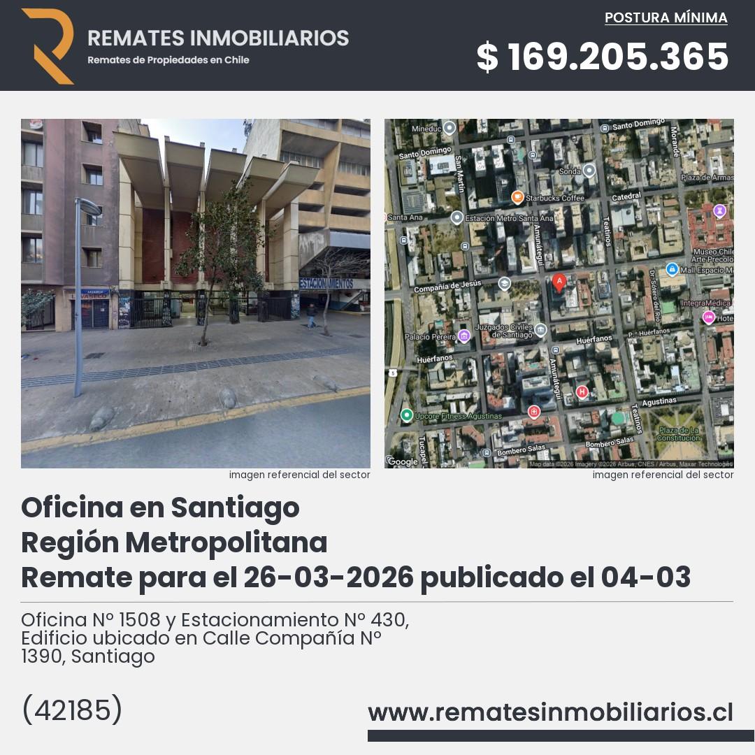 Imagen ficha Oficina Nº 1508 y Estacionamiento Nº 430, Edificio ubicado en Calle Compañía Nº 1390, Santiago