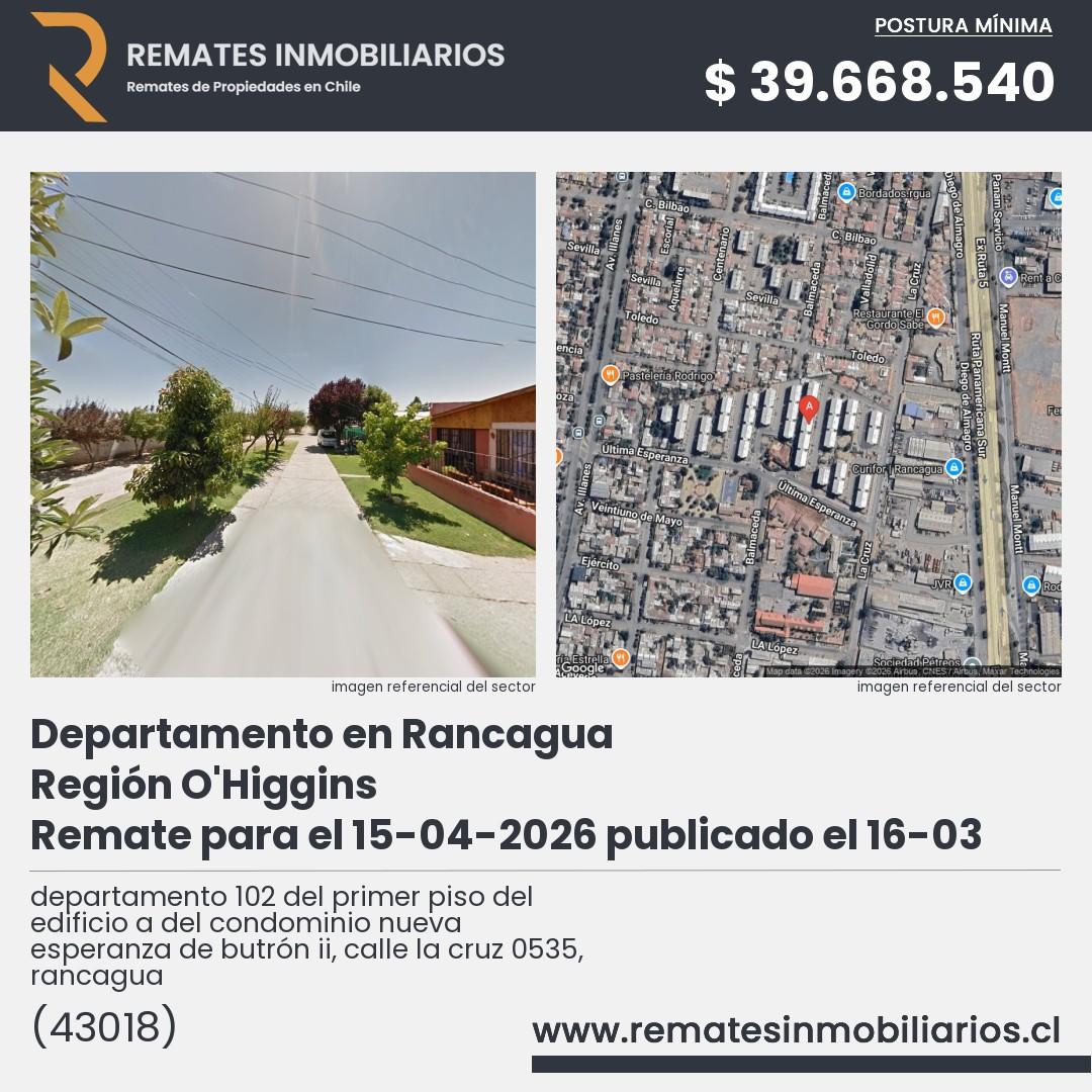 Imagen ficha departamento 102 del primer piso del edificio a del condominio nueva esperanza de butrón ii, calle la cruz 0535, rancagua