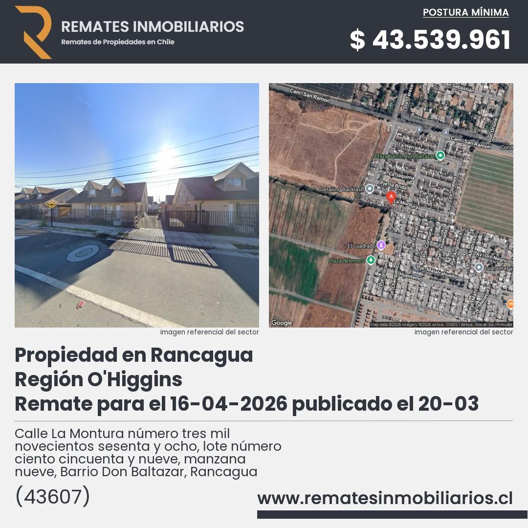 Imagen ficha Calle La Montura número tres mil novecientos sesenta y ocho, lote número ciento cincuenta y nueve, manzana nueve, Barrio Don Baltazar, Rancagua