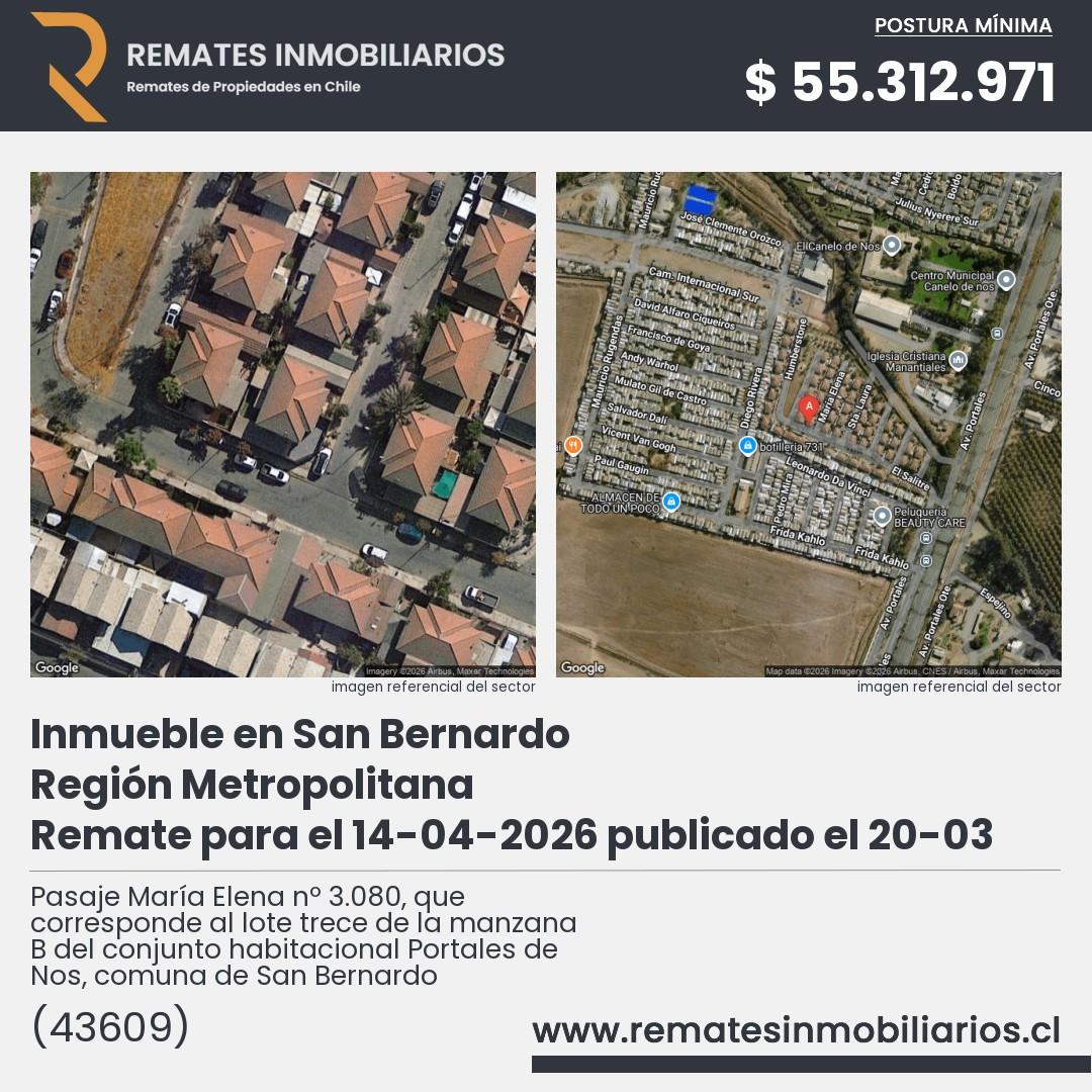 Imagen ficha Pasaje María Elena nº 3.080, que corresponde al lote trece de la manzana B del conjunto habitacional Portales de Nos, comuna de San Bernardo