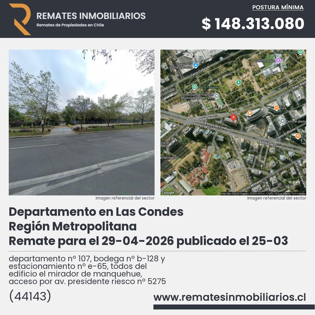 Imagen ficha departamento nº 107, bodega nº b-128 y estacionamiento nº e-65, todos del edificio el mirador de manquehue, acceso por av. presidente riesco nº 5275