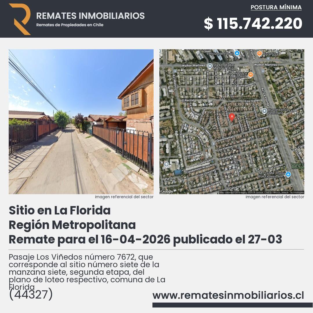 Imagen ficha Pasaje Los Viñedos número 7672, que corresponde al sitio número siete de la manzana siete, segunda etapa, del plano de loteo respectivo, comuna de La Florida