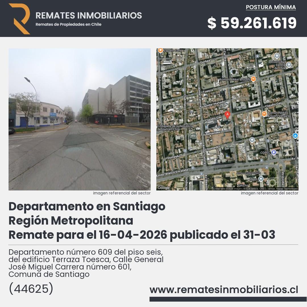 Imagen ficha Departamento número 609 del piso seis, del edificio Terraza Toesca, Calle General José Miguel Carrera número 601, Comuna de Santiago