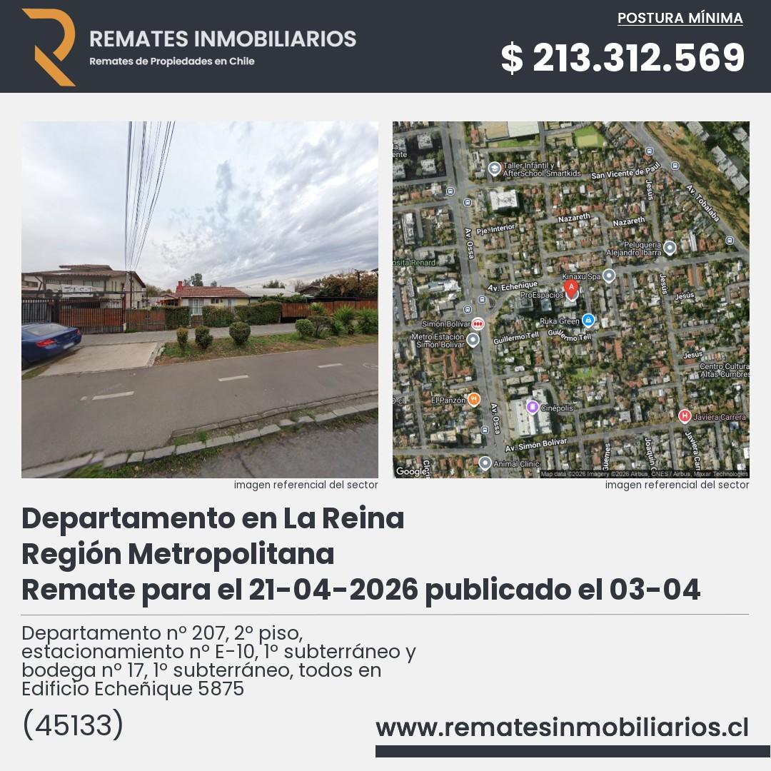 Imagen ficha Departamento nº 207, 2º piso, estacionamiento nº E-10, 1º subterráneo y bodega nº 17, 1º subterráneo, todos en Edificio Echeñique 5875