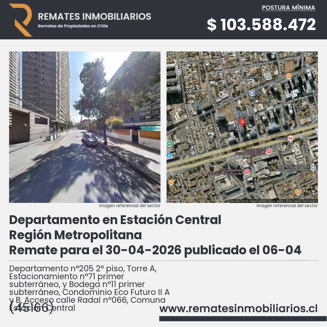 Imagen ficha Departamento n°205 2° piso, Torre A, Estacionamiento n°71 primer subterráneo, y Bodega n°11 primer subterráneo, Condominio Eco Futuro II A y B, Acceso calle Radal n°066, Comuna Estación Central