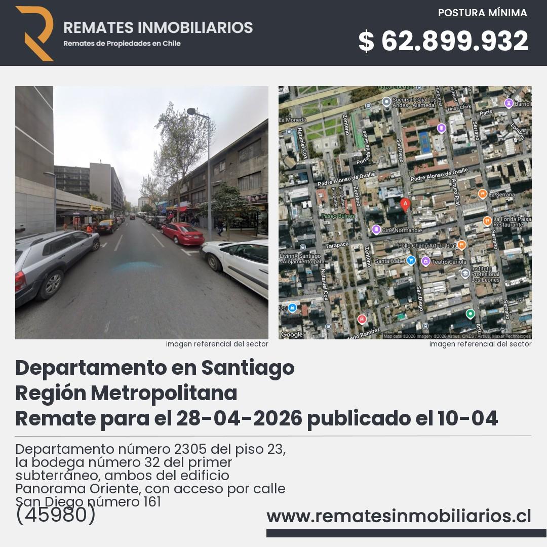 Imagen ficha Departamento número 2305 del piso 23, la bodega número 32 del primer subterráneo, ambos del edificio Panorama Oriente, con acceso por calle San Diego número 161