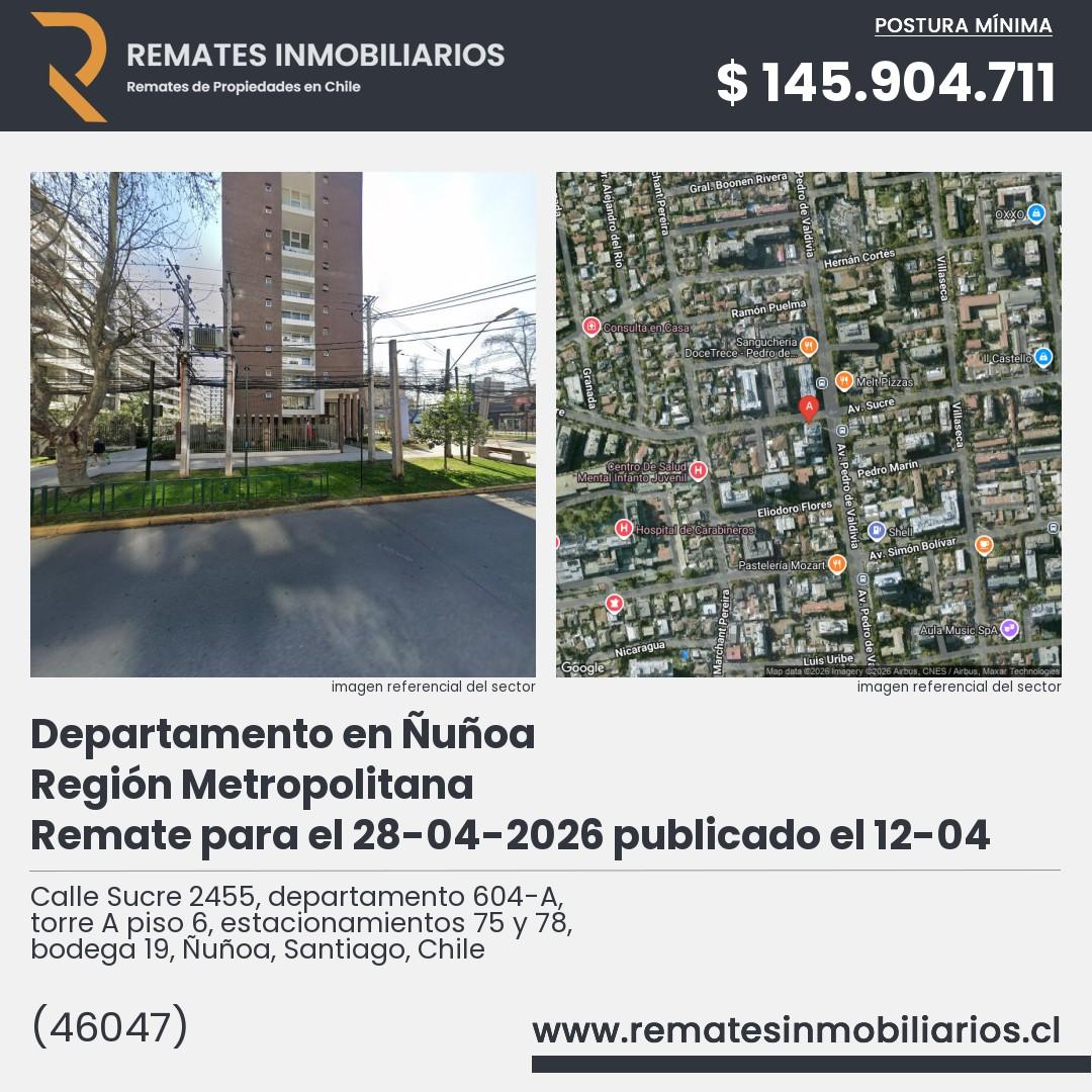 Imagen ficha Calle Sucre 2455, departamento 604-A, torre A piso 6, estacionamientos 75 y 78, bodega 19, Ñuñoa, Santiago, Chile