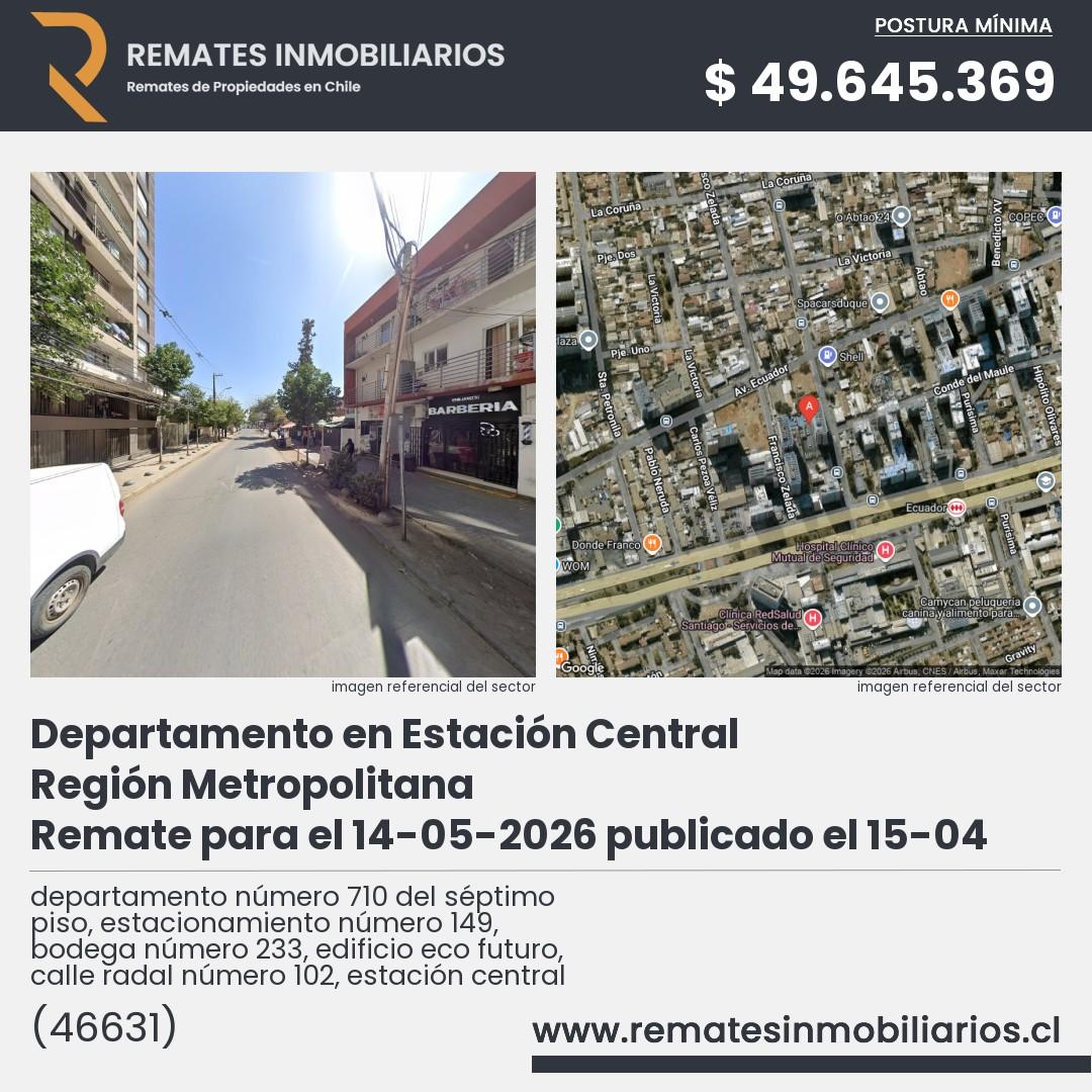Imagen ficha departamento número 710 del séptimo piso, estacionamiento número 149, bodega número 233, edificio eco futuro, calle radal número 102, estación central