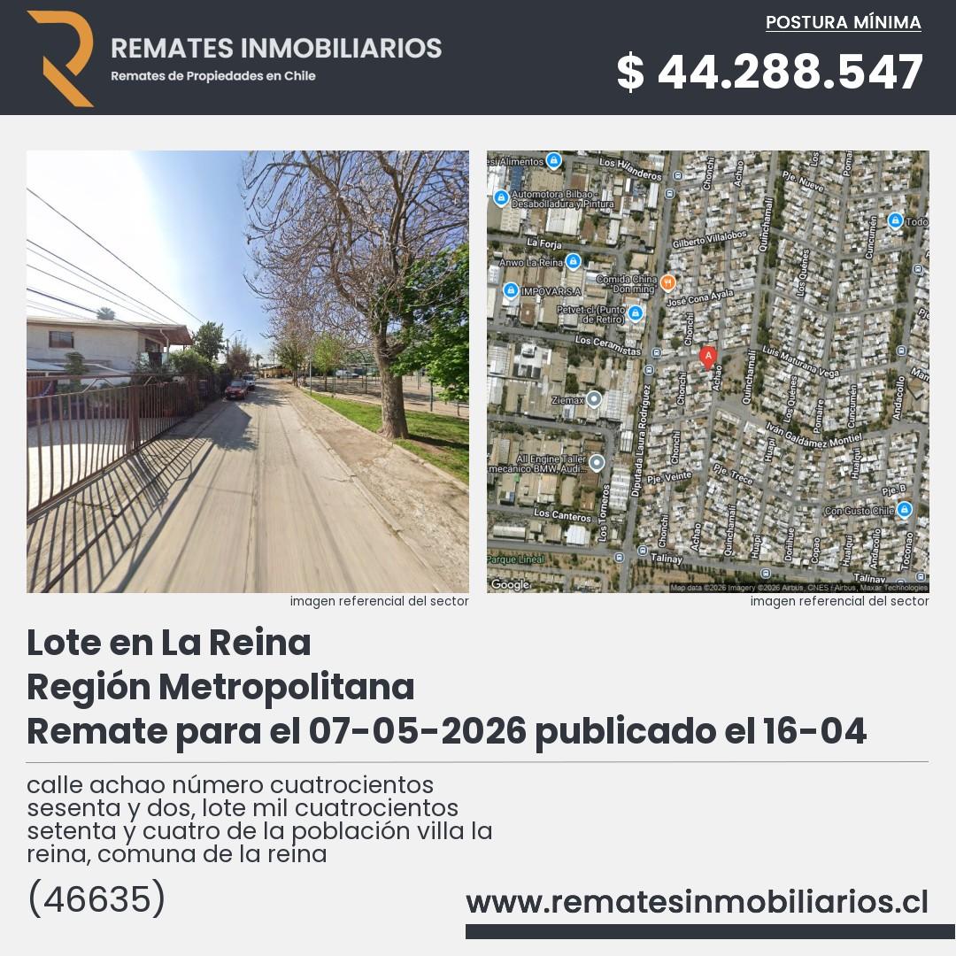 Imagen ficha calle achao número cuatrocientos sesenta y dos, lote mil cuatrocientos setenta y cuatro de la población villa la reina, comuna de la reina