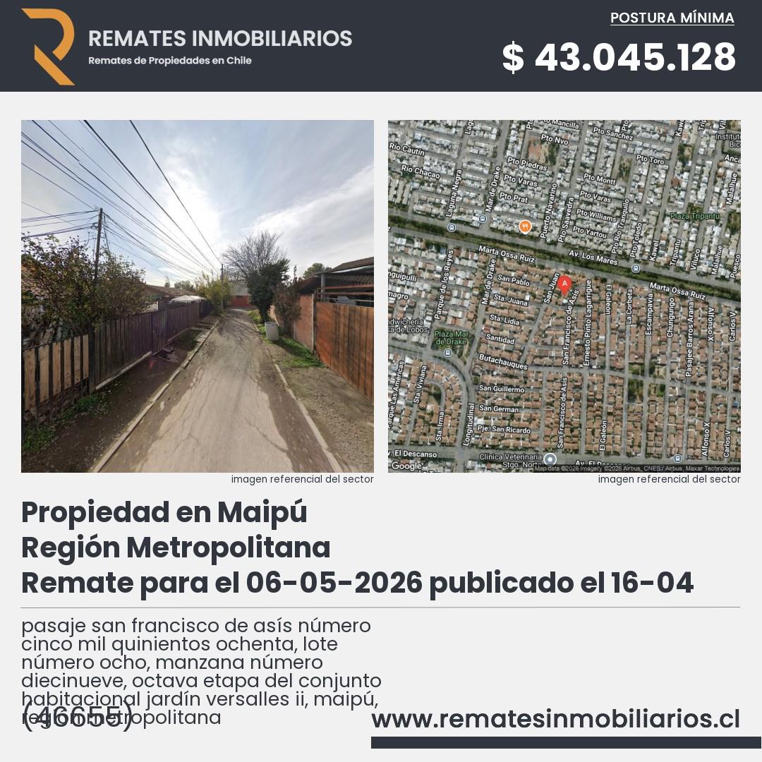 Imagen ficha pasaje san francisco de asís número cinco mil quinientos ochenta, lote número ocho, manzana número diecinueve, octava etapa del conjunto habitacional jardín versalles ii, maipú, región metropolitana