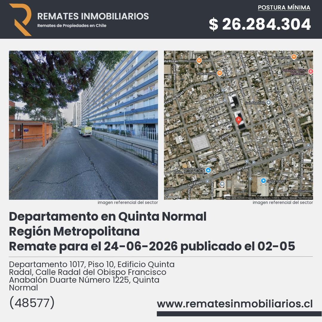 Imagen ficha Departamento 1017, Piso 10, Edificio Quinta Radal, Calle Radal del Obispo Francisco Anabalón Duarte Número 1225, Quinta Normal
