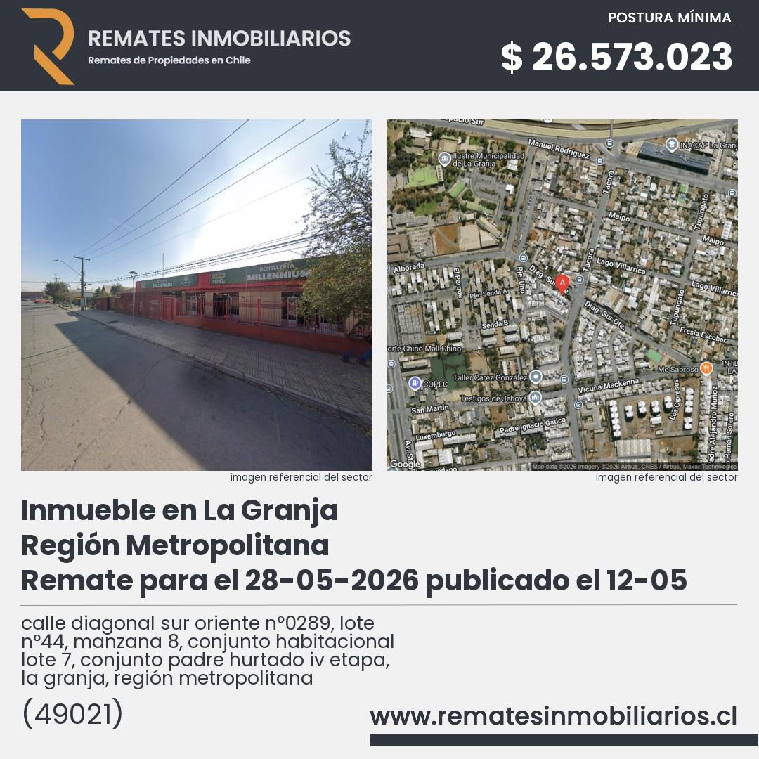 Imagen ficha calle diagonal sur oriente n°0289, lote n°44, manzana 8, conjunto habitacional lote 7, conjunto padre hurtado iv etapa, la granja, región metropolitana
