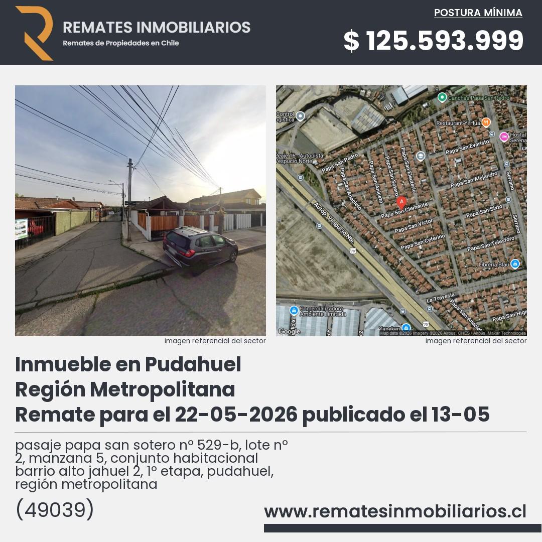 Imagen ficha pasaje papa san sotero nº 529-b, lote nº 2, manzana 5, conjunto habitacional barrio alto jahuel 2, 1º etapa, pudahuel, región metropolitana