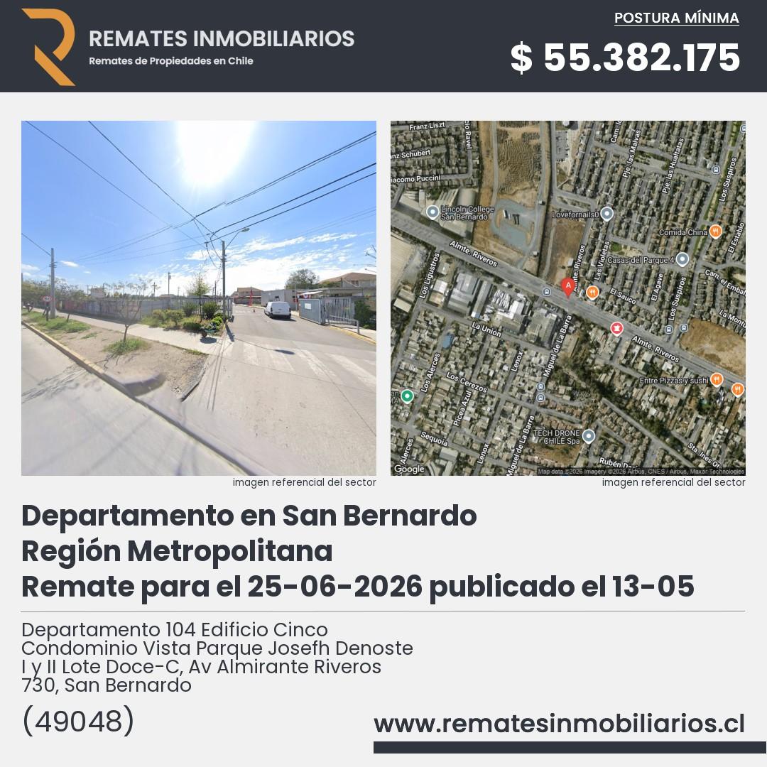Imagen ficha Departamento 104 Edificio Cinco Condominio Vista Parque Josefh Denoste I y II Lote Doce-C, Av Almirante Riveros 730, San Bernardo