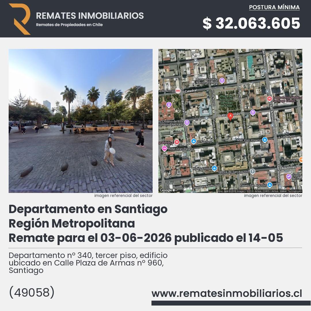 Imagen ficha Departamento nº 340, tercer piso, edificio ubicado en Calle Plaza de Armas nº 960, Santiago