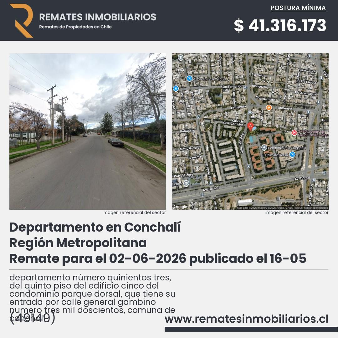 Imagen ficha departamento número quinientos tres, del quinto piso del edificio cinco del condominio parque dorsal, que tiene su entrada por calle general gambino numero tres mil doscientos, comuna de conchalí
