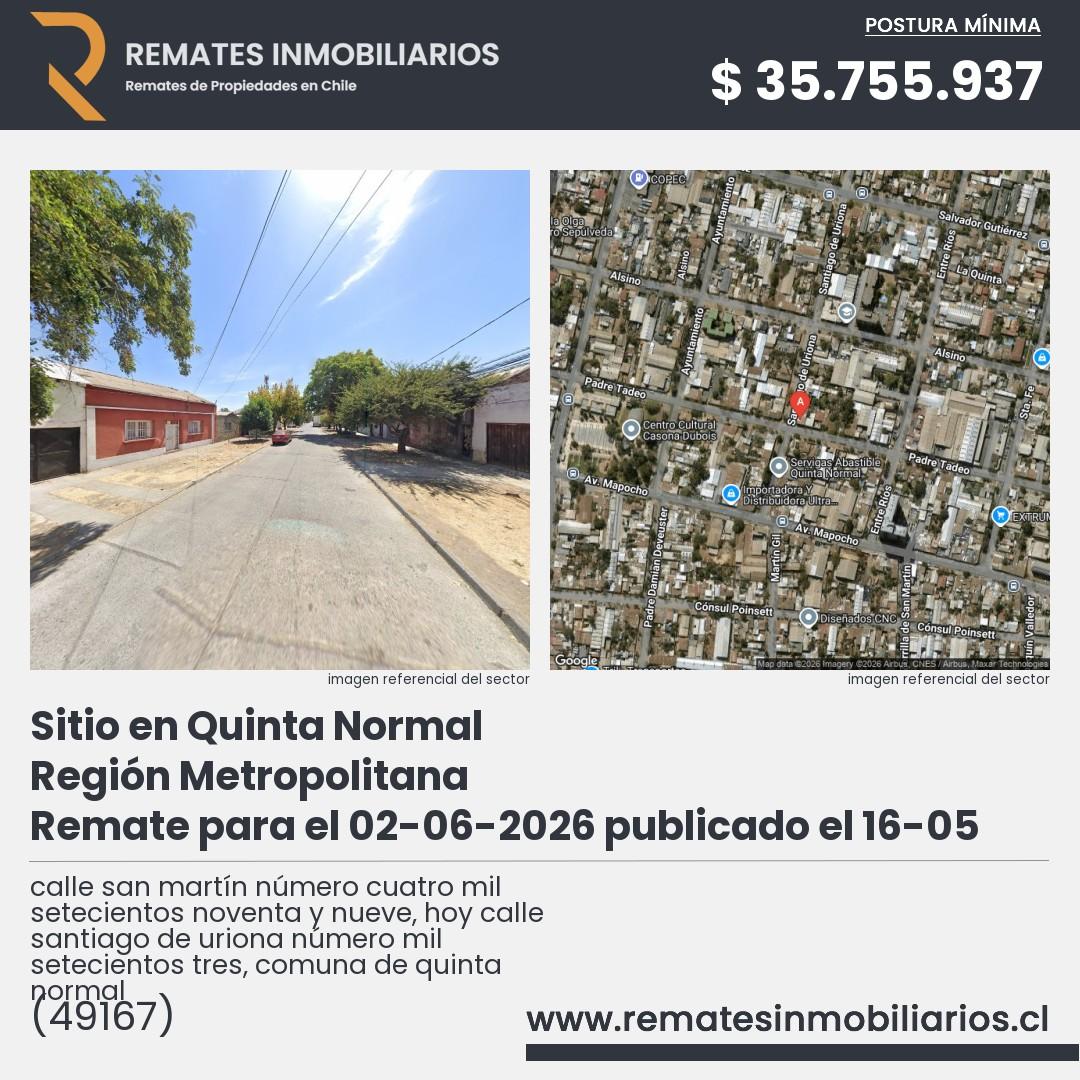 Imagen ficha calle san martín número cuatro mil setecientos noventa y nueve, hoy calle santiago de uriona número mil setecientos tres, comuna de quinta normal