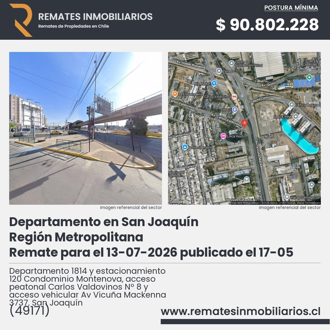 Imagen ficha Departamento 1814 y estacionamiento 120 Condominio Montenova, acceso peatonal Carlos Valdovinos Nº 8 y acceso vehicular Av Vicuña Mackenna 3737, San Joaquín