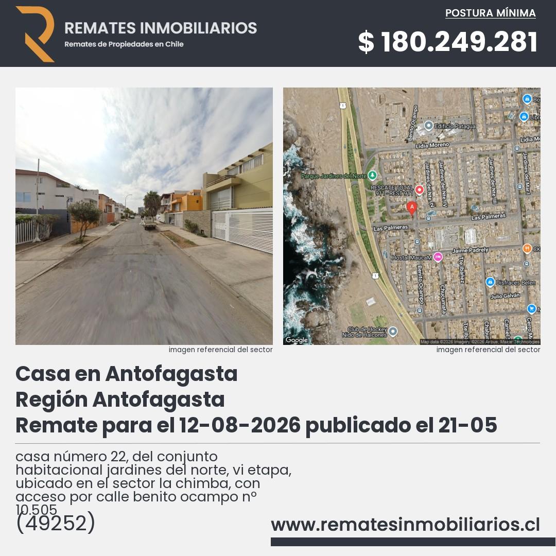Imagen ficha casa número 22, del conjunto habitacional jardines del norte, vi etapa, ubicado en el sector la chimba, con acceso por calle benito ocampo nº 10.505