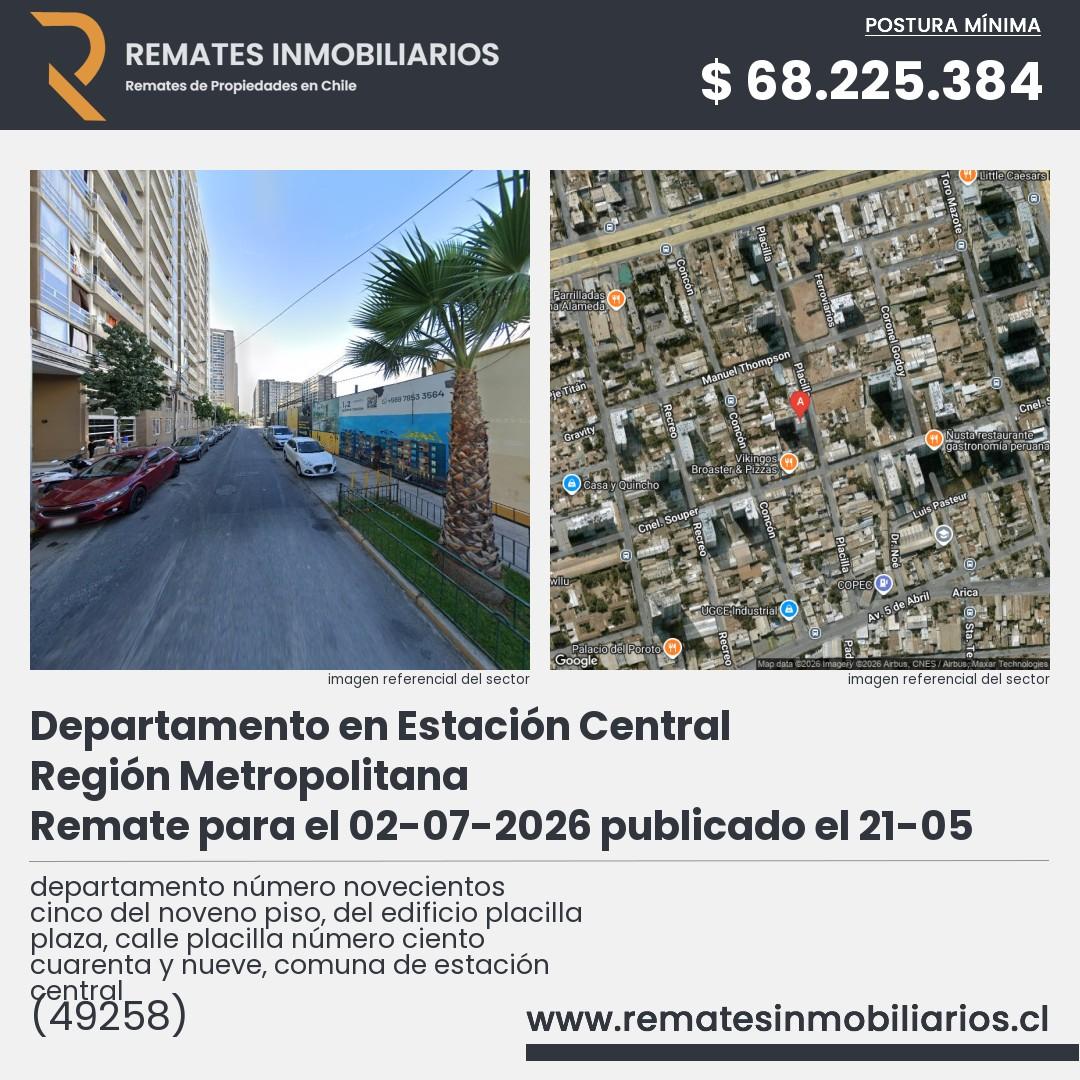 Imagen ficha departamento número novecientos cinco del noveno piso, del edificio placilla plaza, calle placilla número ciento cuarenta y nueve, comuna de estación central