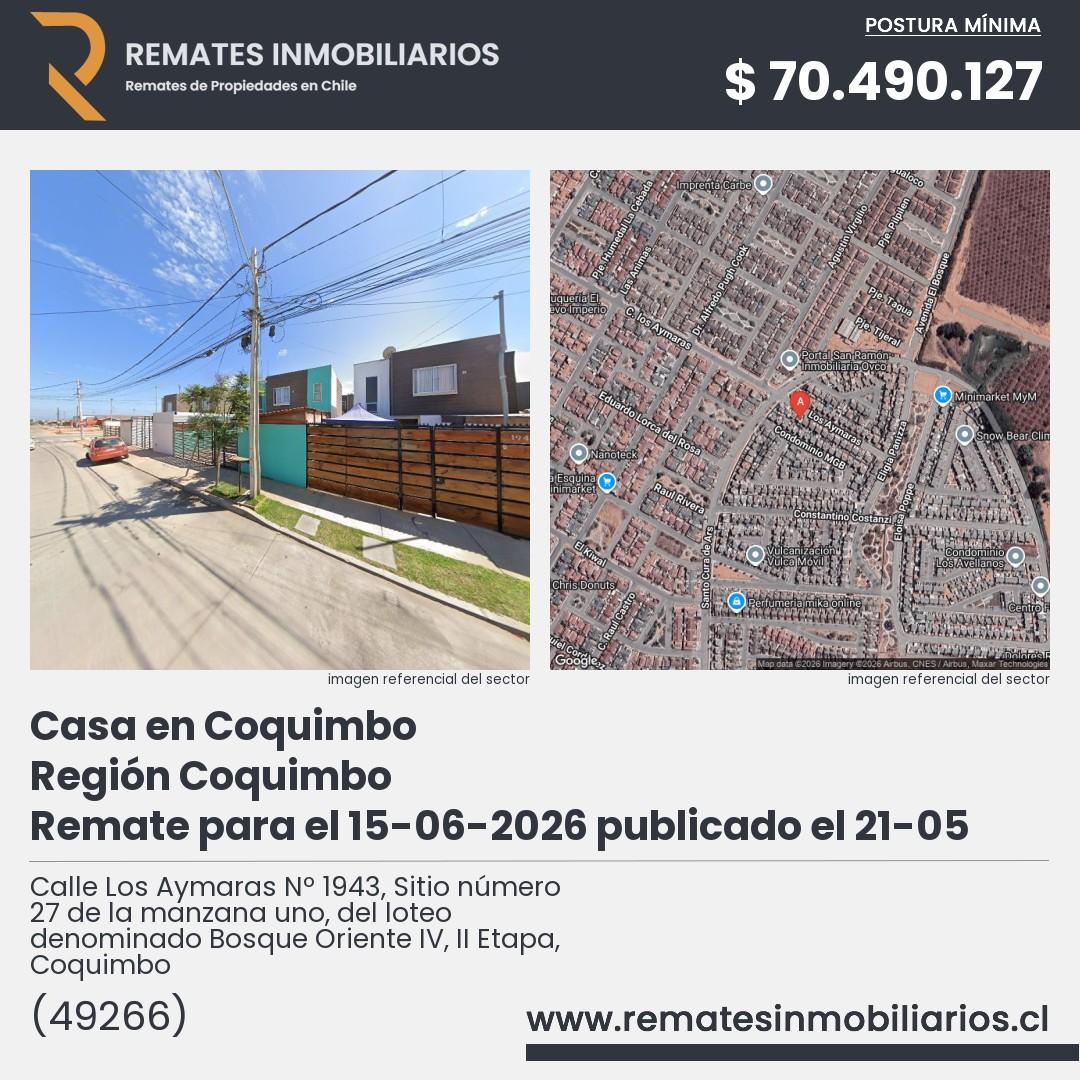 Imagen ficha Calle Los Aymaras Nº 1943, Sitio número 27 de la manzana uno, del loteo denominado Bosque Oriente IV, II Etapa, Coquimbo