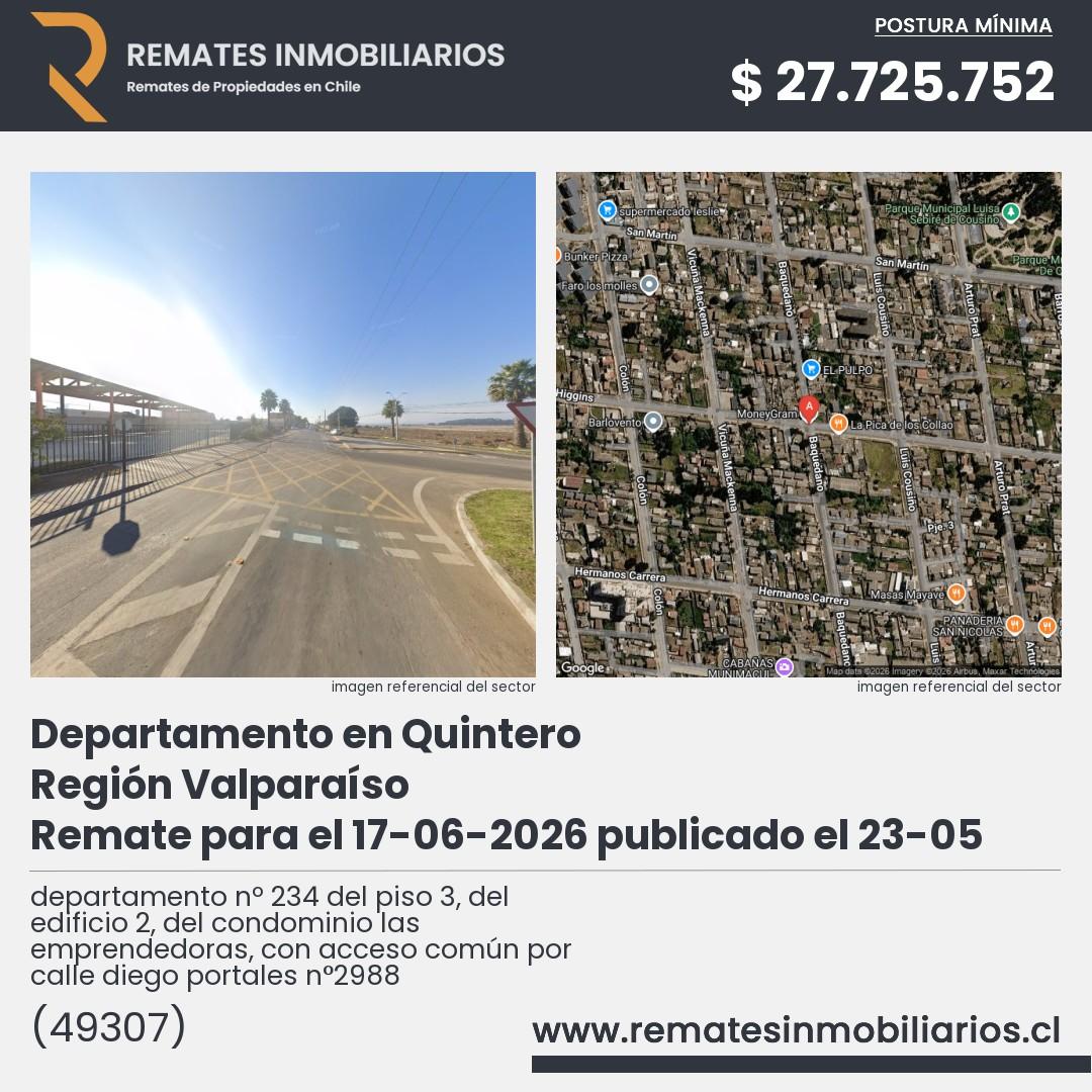 Imagen ficha departamento nº 234 del piso 3, del edificio 2, del condominio las emprendedoras, con acceso común por calle diego portales n°2988