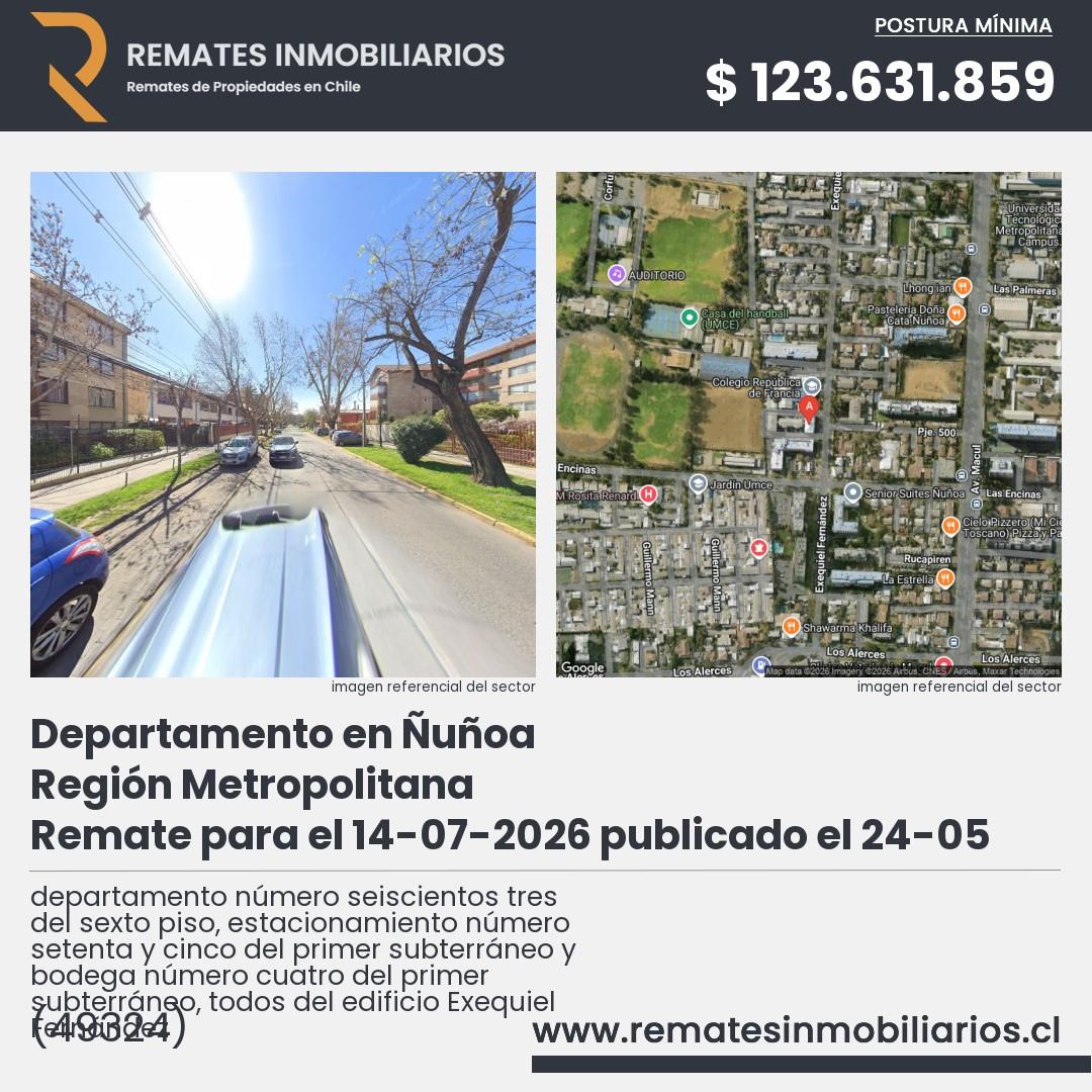 Imagen ficha departamento número seiscientos tres del sexto piso, estacionamiento número setenta y cinco del primer subterráneo y bodega número cuatro del primer subterráneo, todos del edificio Exequiel Fernández