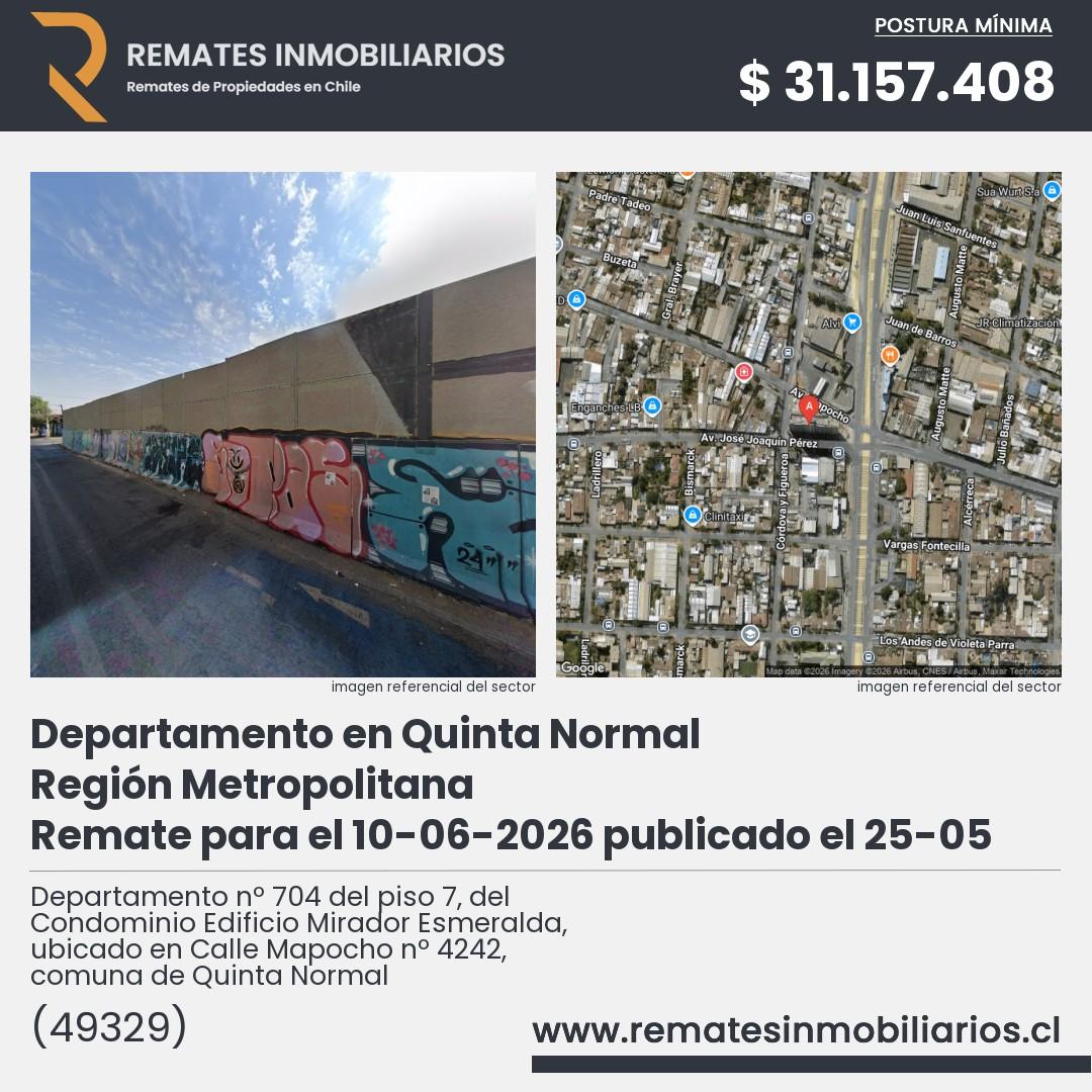Imagen ficha Departamento nº 704 del piso 7, del Condominio Edificio Mirador Esmeralda, ubicado en Calle Mapocho nº 4242, comuna de Quinta Normal