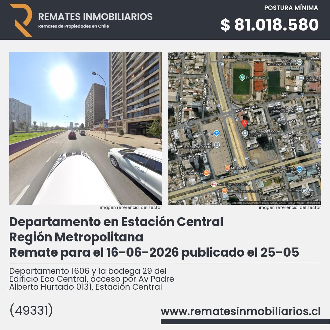 Imagen ficha Departamento 1606 y la bodega 29 del Edificio Eco Central, acceso por Av Padre Alberto Hurtado 0131, Estación Central