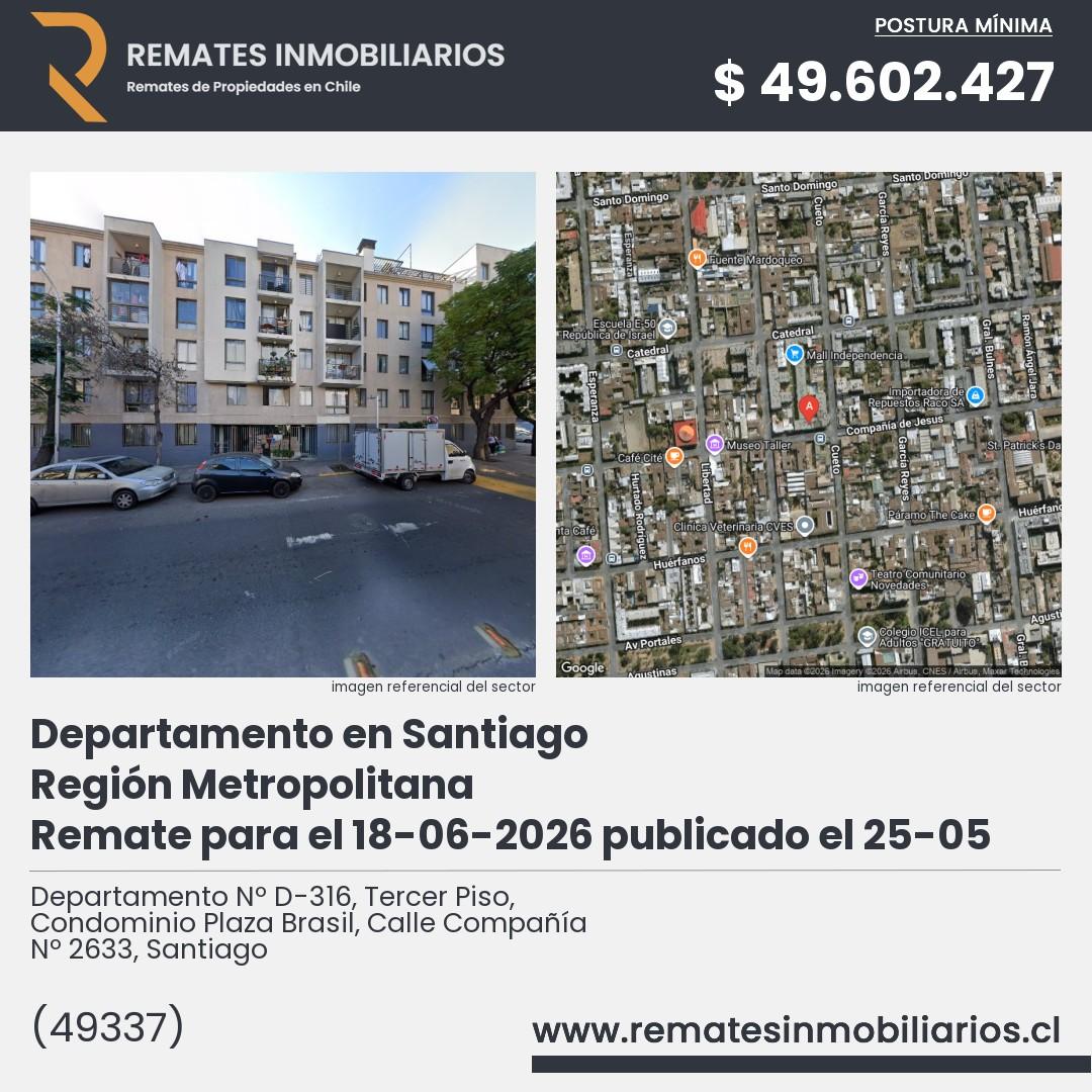 Imagen ficha Departamento Nº D-316, Tercer Piso, Condominio Plaza Brasil, Calle Compañía Nº 2633, Santiago