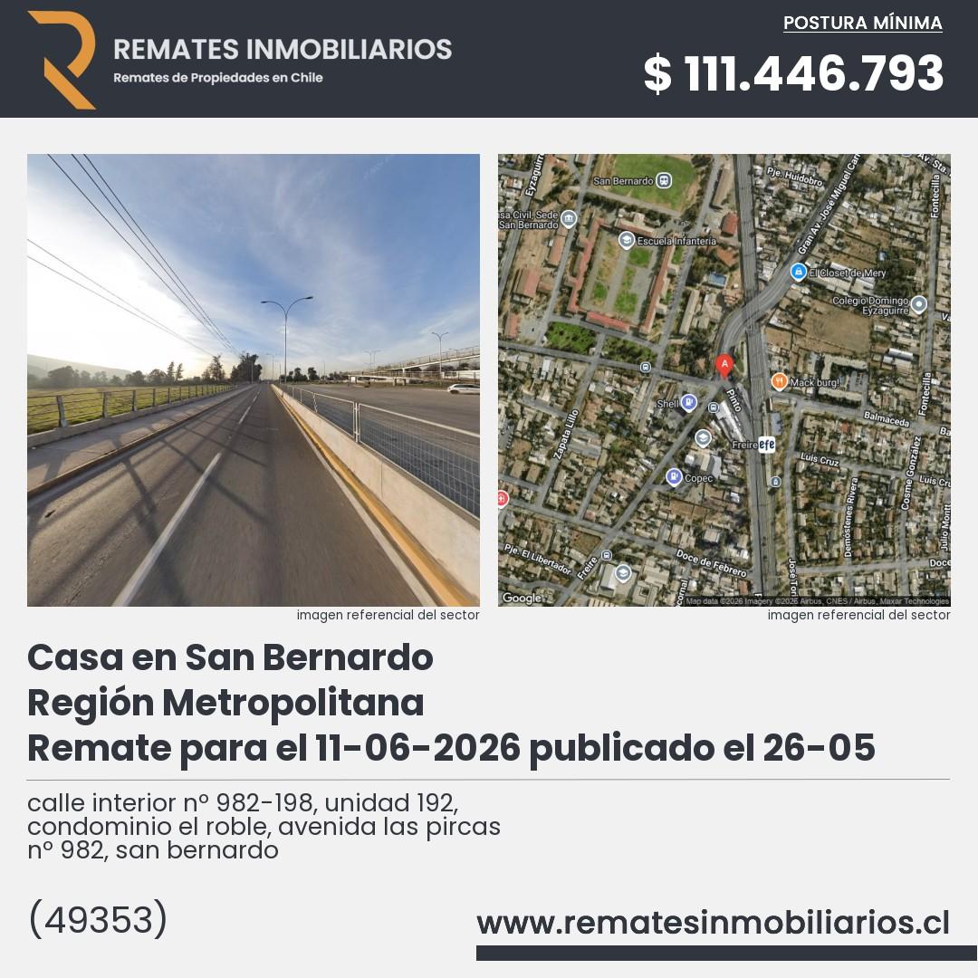 Imagen ficha calle interior nº 982-198, unidad 192, condominio el roble, avenida las pircas nº 982, san bernardo