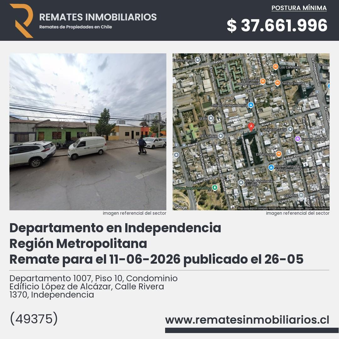 Imagen ficha Departamento 1007, Piso 10, Condominio Edificio López de Alcázar, Calle Rivera 1370, Independencia