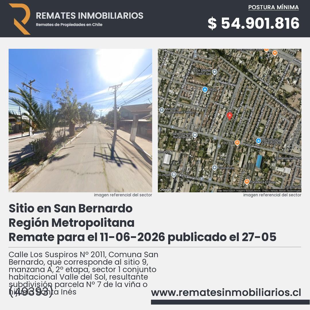 Imagen ficha Calle Los Suspiros Nº 2011, Comuna San Bernardo, que corresponde al sitio 9, manzana A, 2º etapa, sector 1 conjunto habitacional Valle del Sol, resultante subdivisión parcela Nº 7 de la viña o hijuela Santa Inés