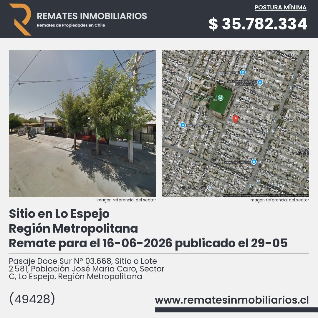 Imagen ficha Pasaje Doce Sur Nº 03.668, Sitio o Lote 2.581, Población José María Caro, Sector C, Lo Espejo, Región Metropolitana