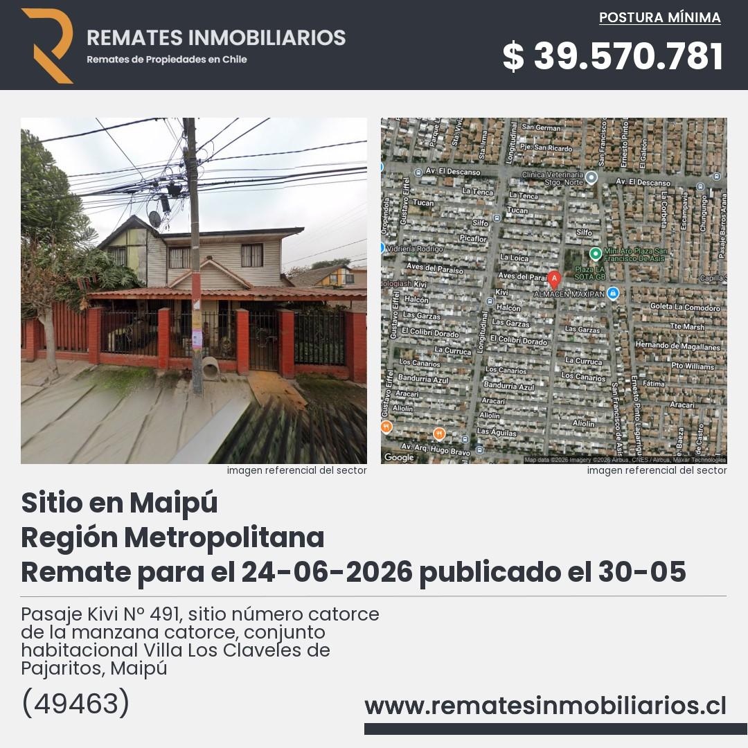 Imagen ficha Pasaje Kivi Nº 491, sitio número catorce de la manzana catorce, conjunto habitacional Villa Los Claveles de Pajaritos, Maipú