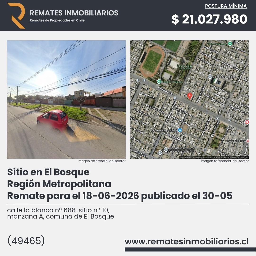 Imagen ficha calle lo blanco nº 688, sitio nº 10, manzana A, comuna de El Bosque