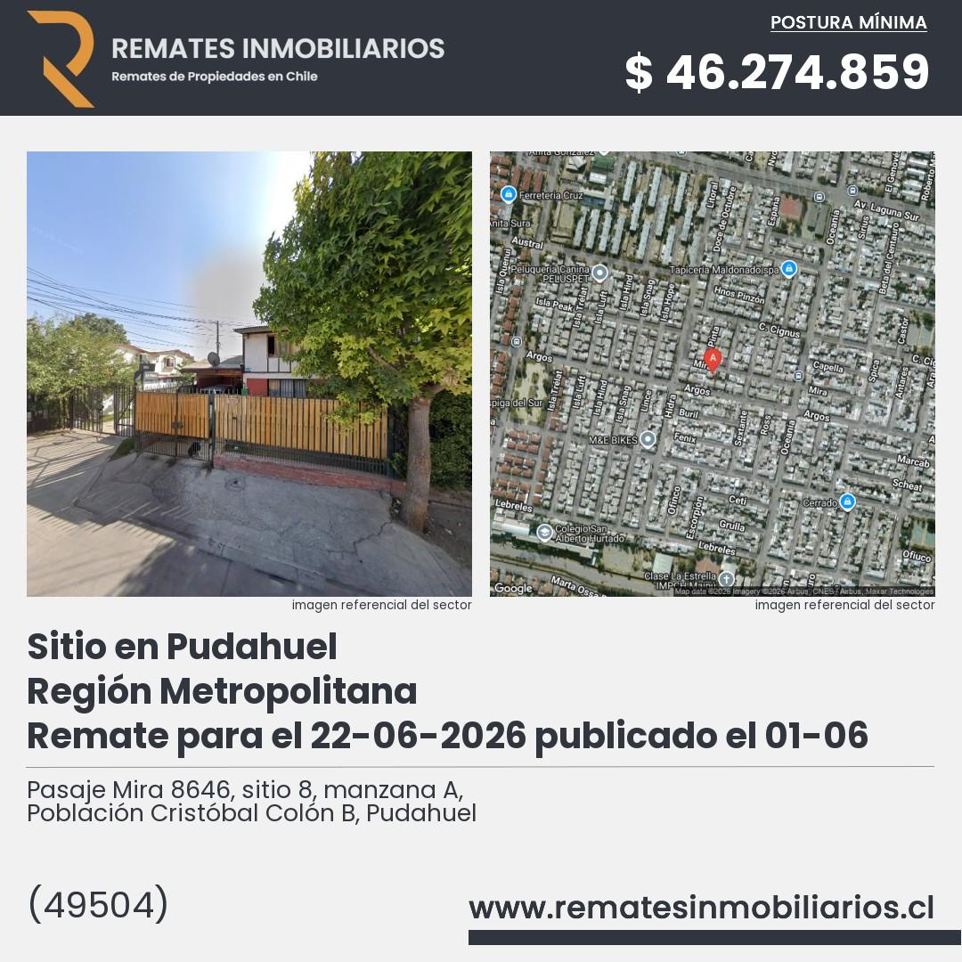 Imagen ficha Pasaje Mira 8646, sitio 8, manzana A, Población Cristóbal Colón B, Pudahuel