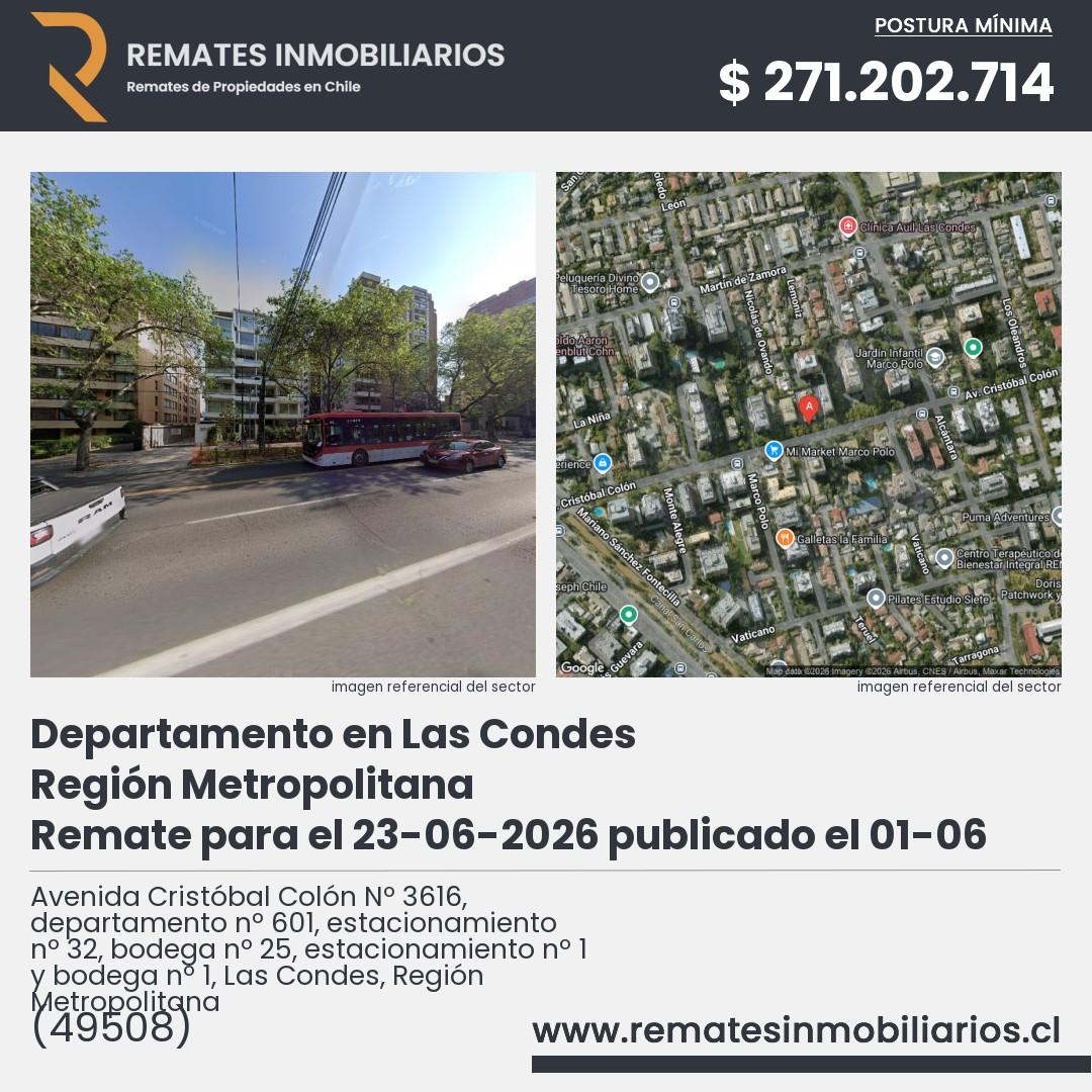 Imagen ficha Avenida Cristóbal Colón Nº 3616, departamento nº 601, estacionamiento nº 32, bodega nº 25, estacionamiento nº 1 y bodega nº 1, Las Condes, Región Metropolitana