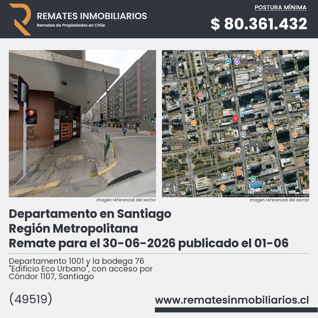 Imagen ficha Departamento 1001 y la bodega 76 "Edificio Eco Urbano", con acceso por Cóndor 1107, Santiago